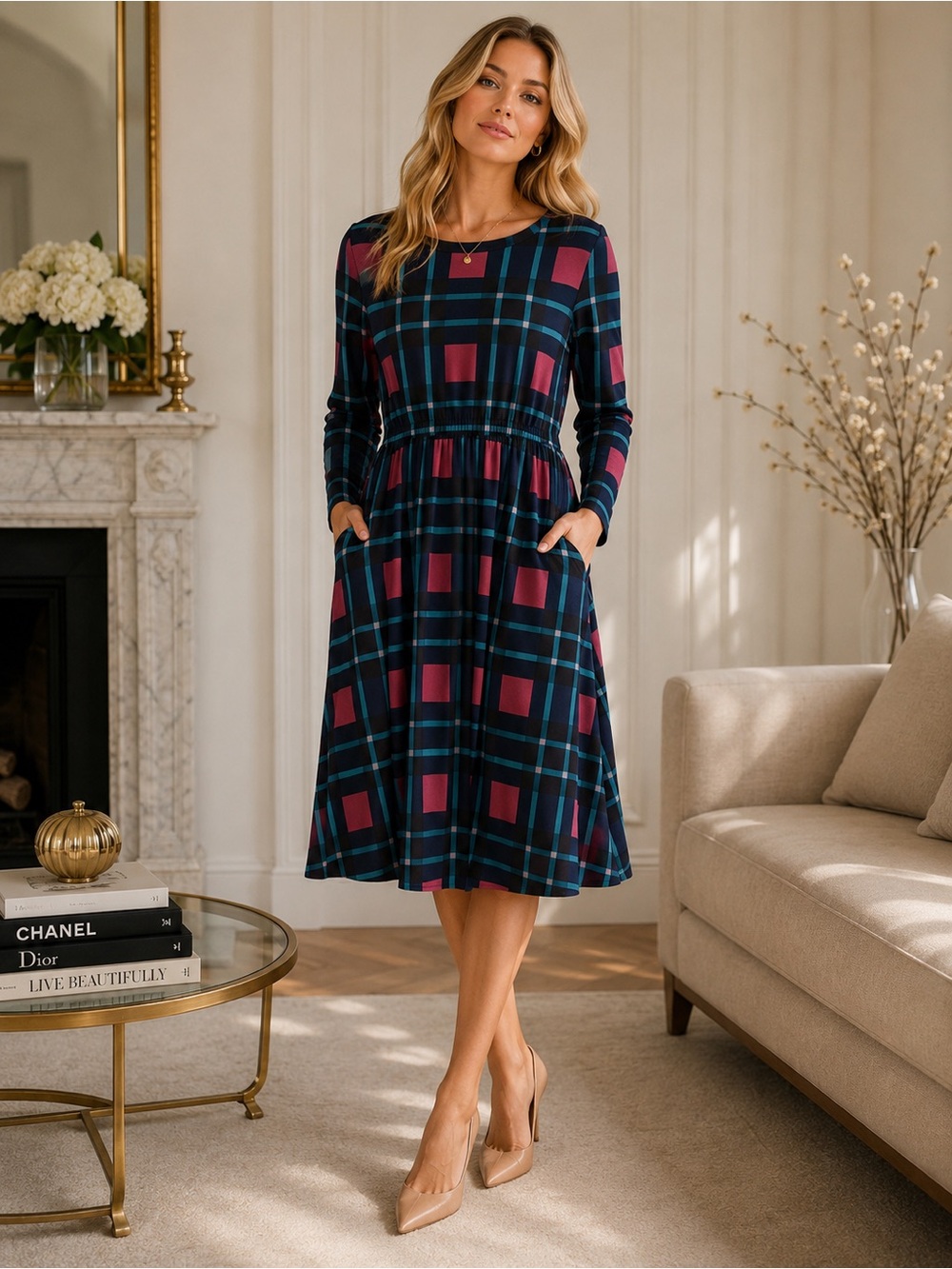 Reborn J Plaid Fit & Flare Dress | Medium | Long Sleeve | Pockets